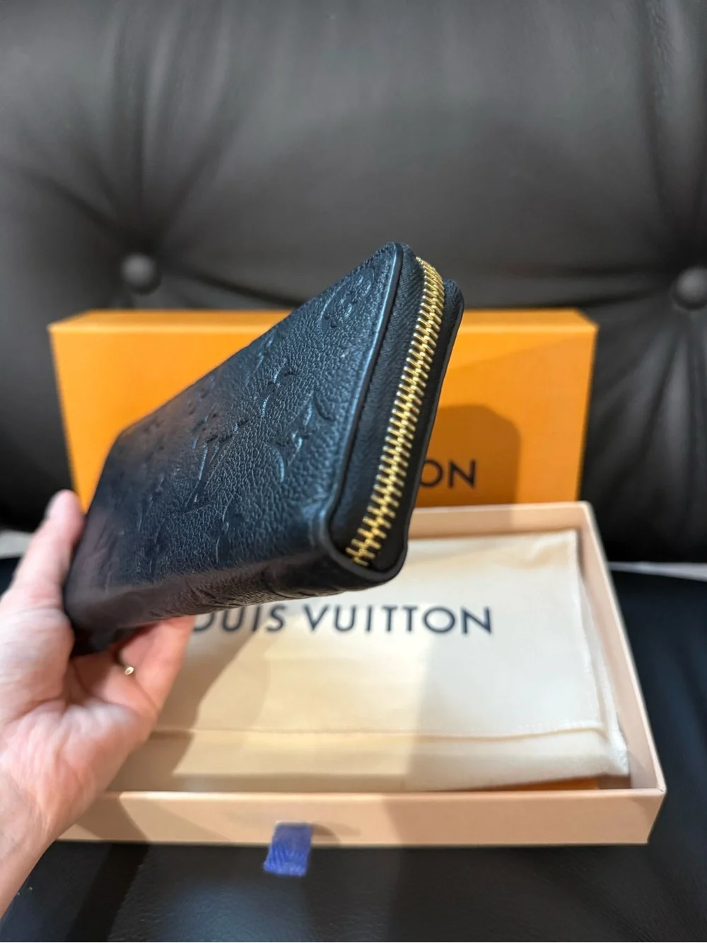 Louis Vuitton Clémence Black Monogram Zip Wallet in Embossed Leather With Box